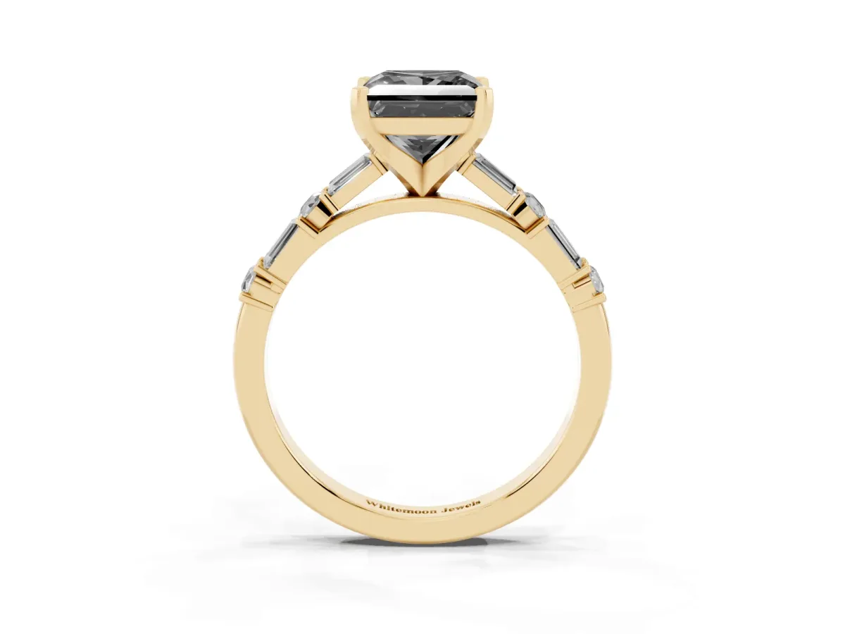 Fancy Black Princess Cut Diamond Solitaire with Side Baguettes and Channel Set Band Yellow gold