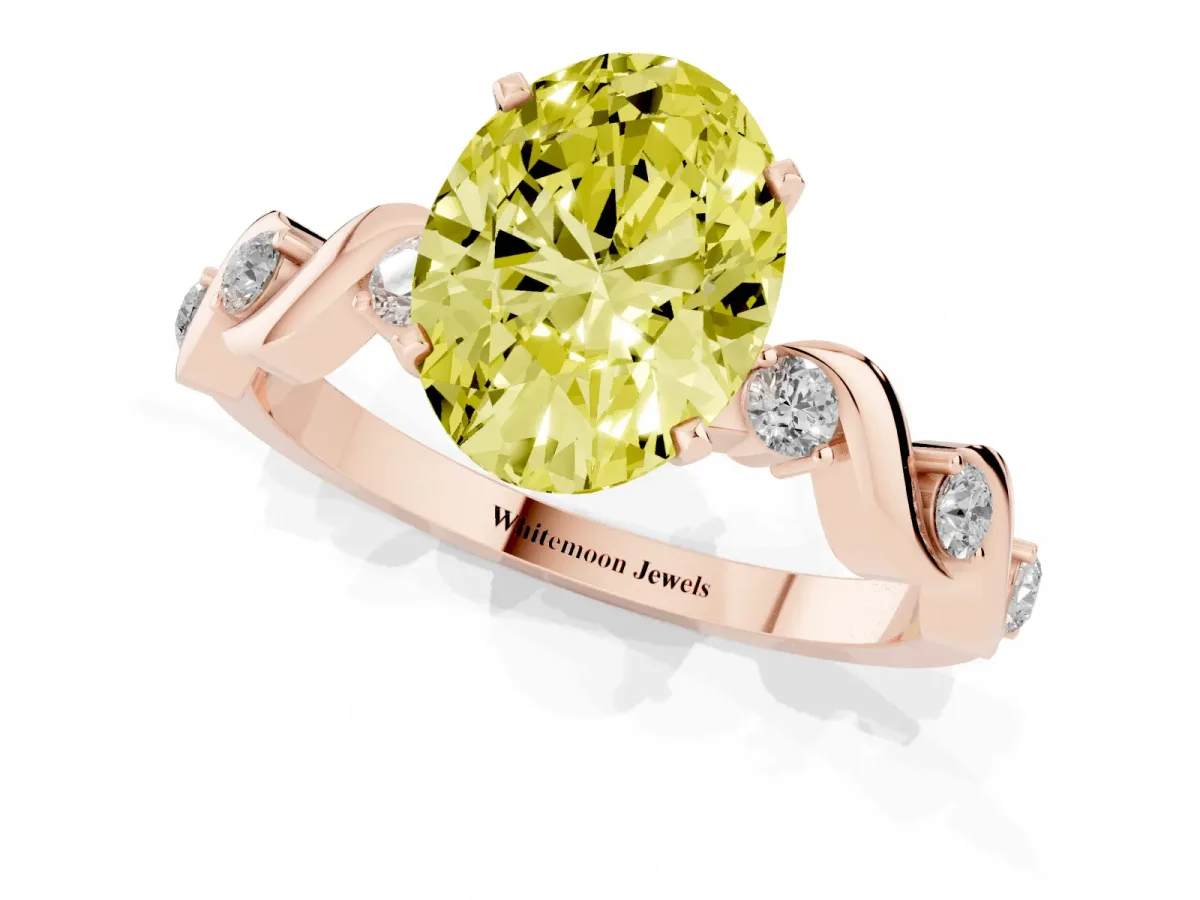 Fancy Yellow Oval Cut Diamond Solitaire Twisted Band with Round Accents and Prong Setting Rose gold