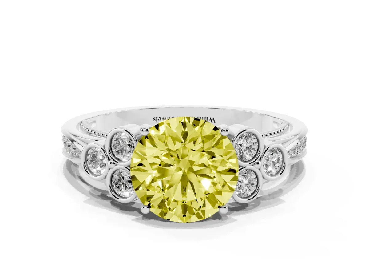 Fancy Yellow Round Cut Cut Diamond Engagement Ring with Bezel Set Round Side Stones and Prong Setting Silver