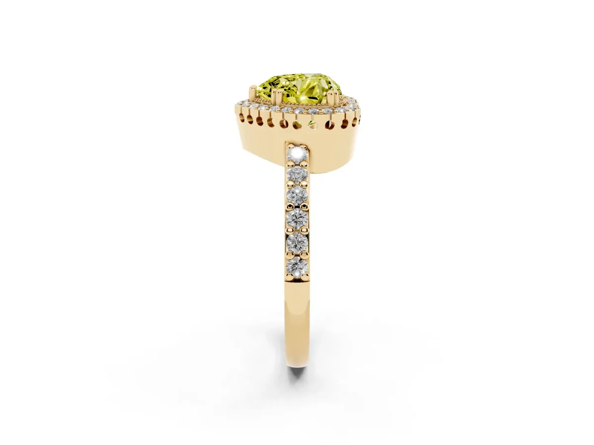 Fancy Yellow Heart Cut Cut Diamond Halo Engagement Ring with Milgrain Detail and Pavé Band Yellow gold
