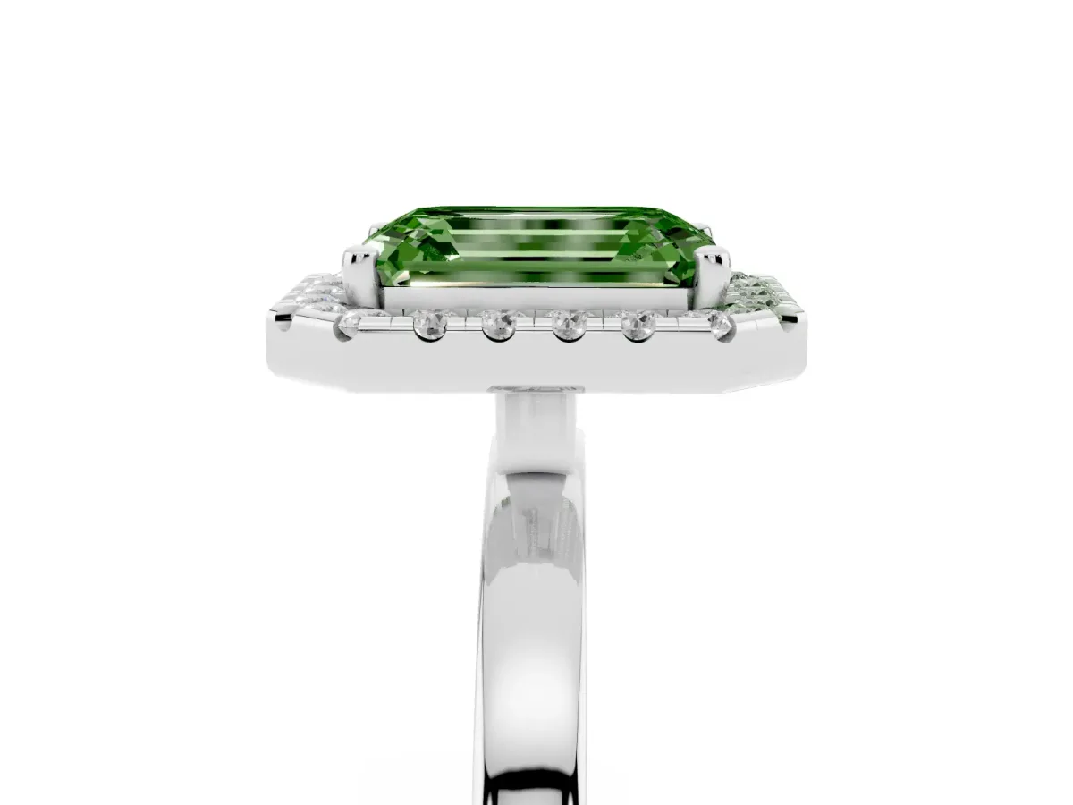 Fancy Green Emerald Cut Halo Diamond Solitaire with Pavé Band and Four-Prong Setting Platinum