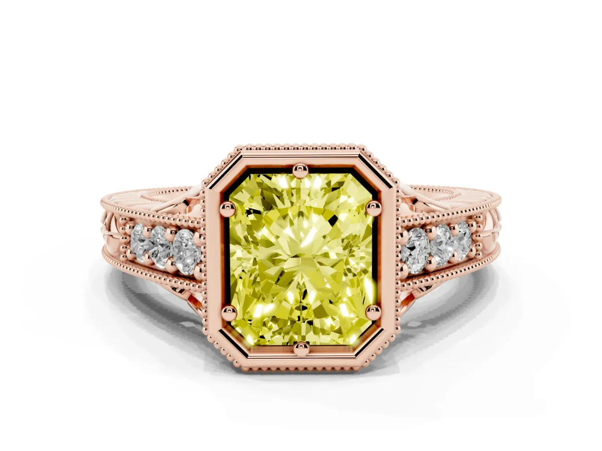 Fancy Yellow Bezel Set Radiant Cut Diamond Milgrain Pave Engagement Ring Rose gold