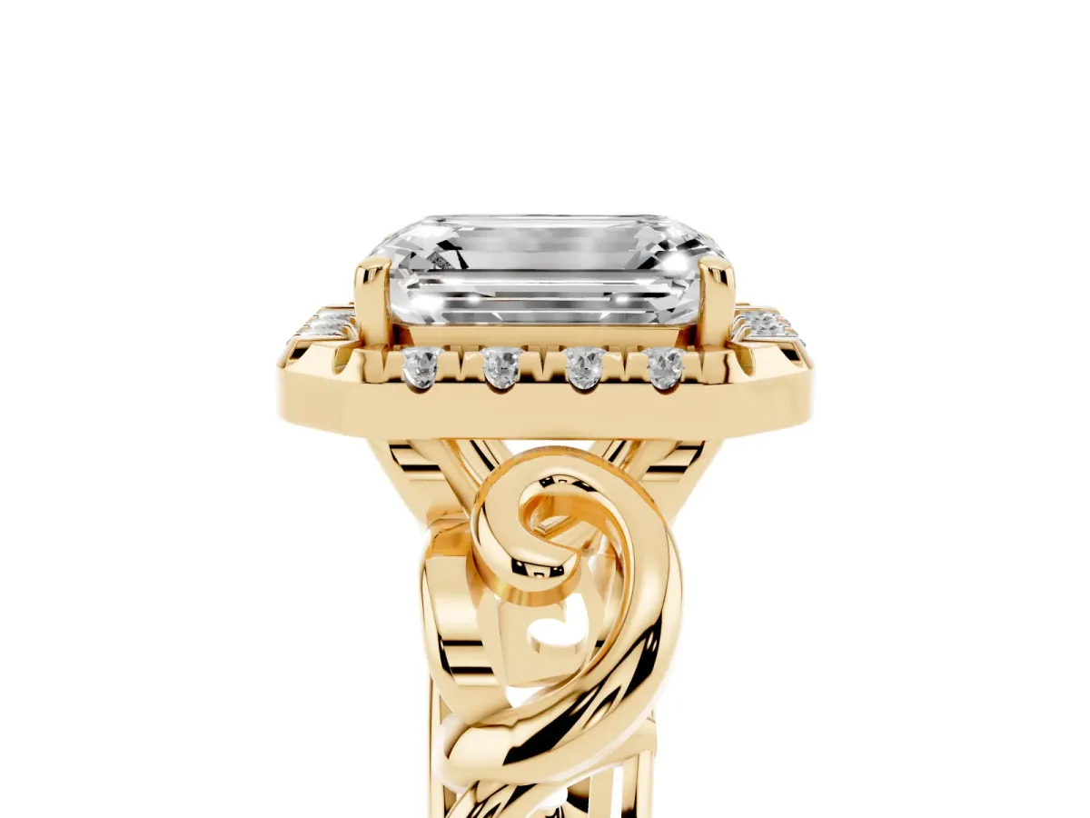 Emerald Cut Cut Halo Diamond Ring with Scrollwork Band and Four-Prong Setting Yellow gold