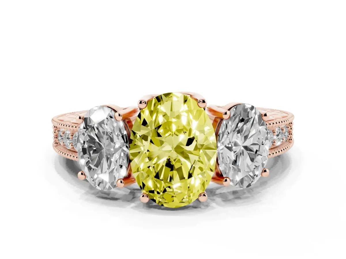 Fancy Yellow Three-Stone Oval Cut Cut Milgrain Pavé Engagement Ring Rose gold
