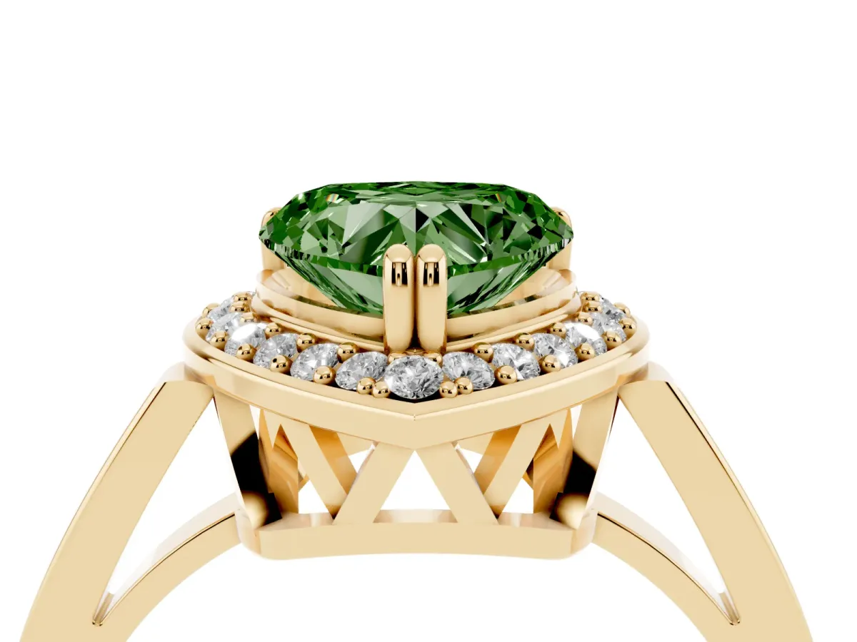 Fancy Green Heart Cut Diamond Halo Ring with Split Shank and Four-Prong Setting Yellow gold