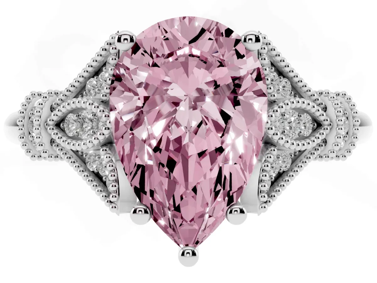 Fancy Pink Pear Cut Diamond Solitaire Ring with Floral Filigree and Pave Accents White gold