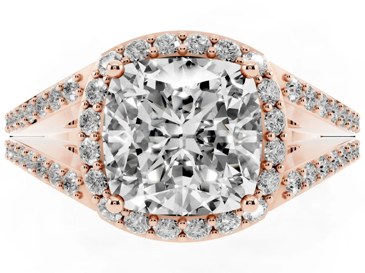 Cushion Cut Halo Split Shank Diamond Ring with Prong Setting Rose gold
