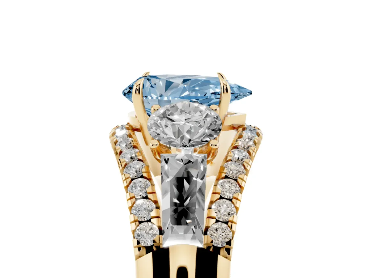 Fancy Blue Three-Stone Pear Cut Diamond Engagement Ring with Pave Band and Prong Setting Yellow gold
