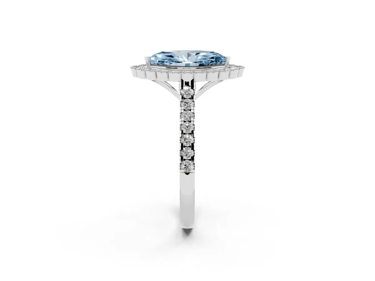 Fancy Blue Marquise Cut Cut Diamond Milgrain Floral Halo Engagement Ring with Pavé Band White gold