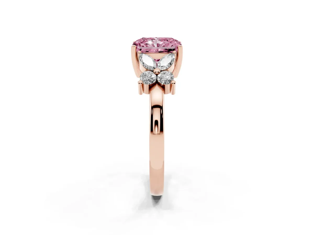 Fancy Pink Radiant Cut Diamond Floral Cluster Ring with Solitaire Band and Prong Setting Rose gold