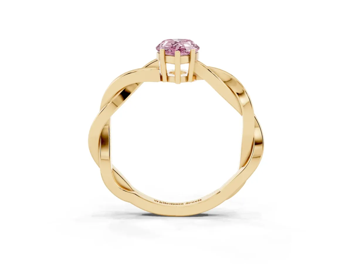 Fancy Pink Pear Cut Solitaire Twisted Pave Diamond Ring with Four-Prong Setting Yellow gold