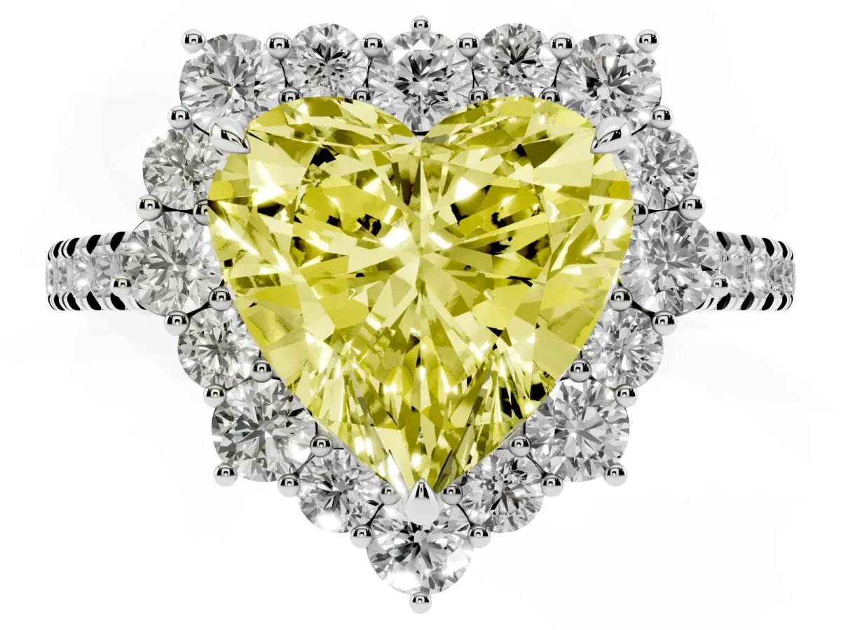Fancy Yellow Heart Cut Halo Diamond Ring with Pavé Band and Prong Setting Silver