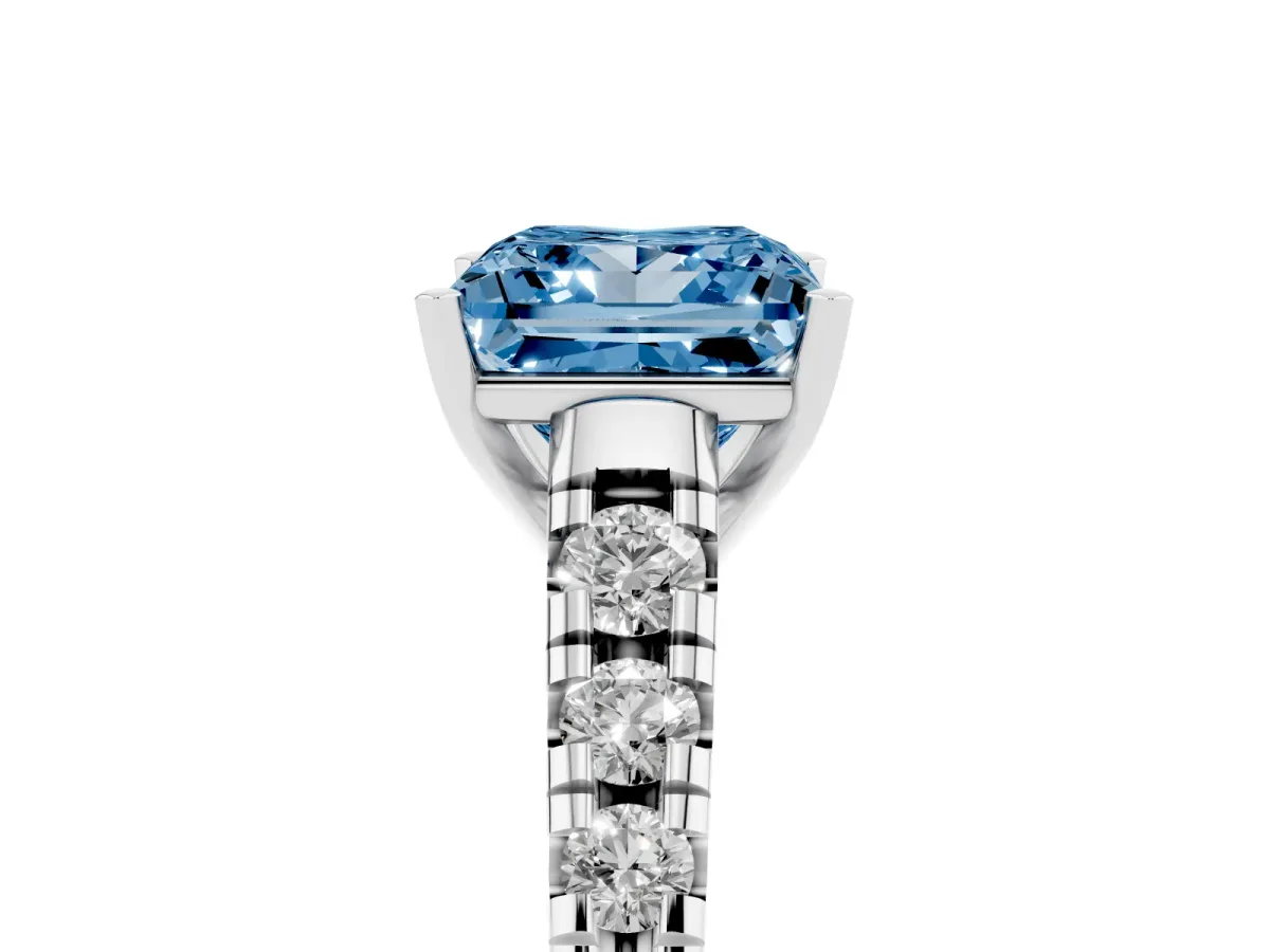 Fancy Blue Princess Cut Diamond Cathedral Solitaire Ring with Round Pavé Band Silver
