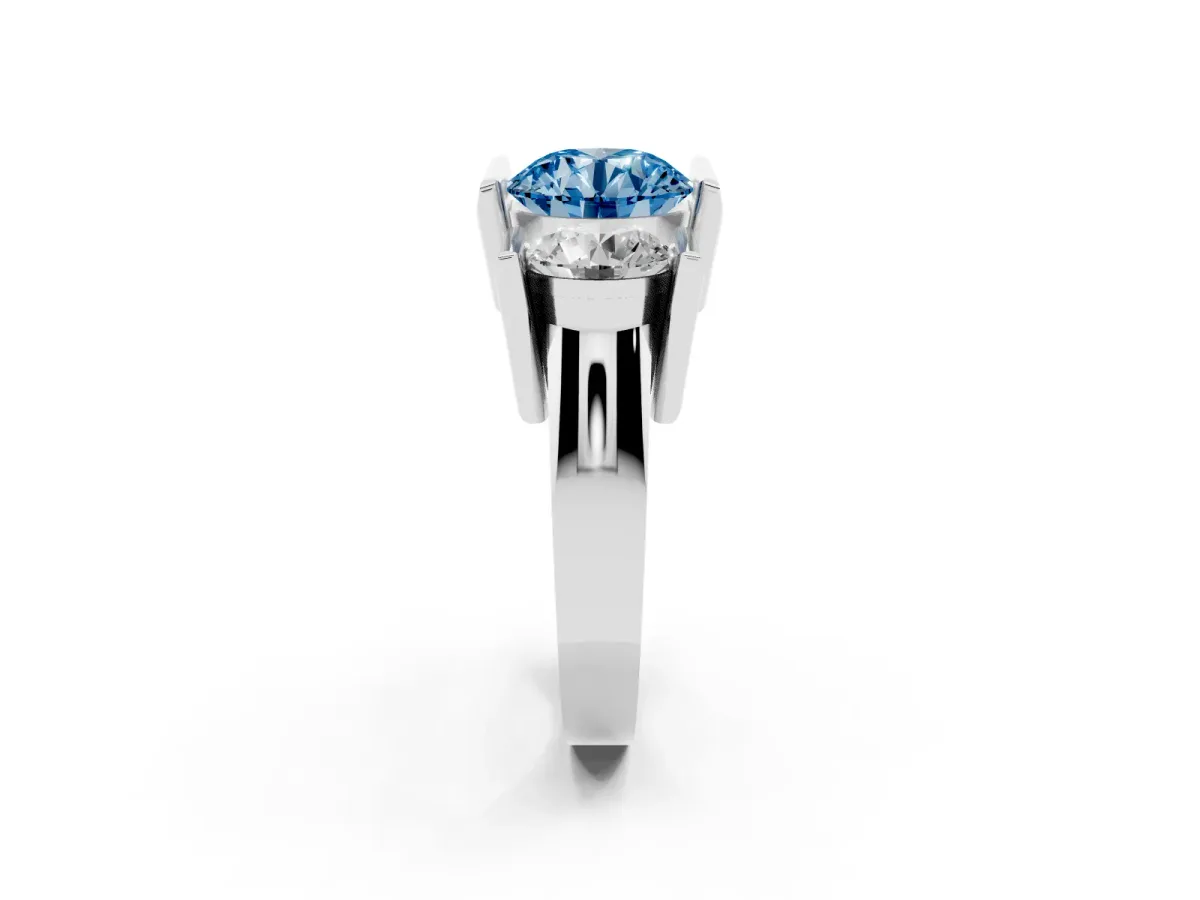 Fancy Blue Three Stone Round Cut Cut Channel Set Diamond Ring Platinum