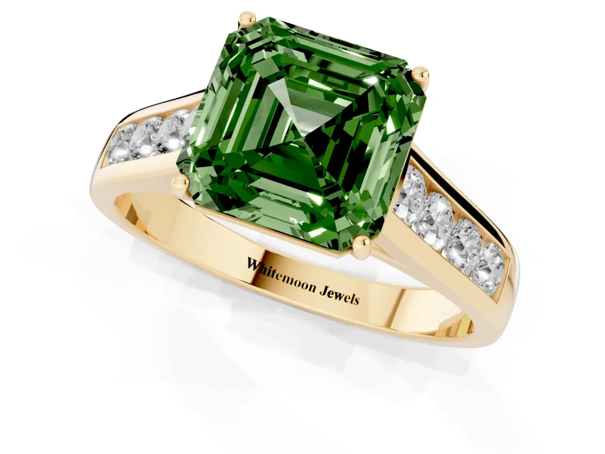 Fancy Green Asscher Cut Solitaire Channel-Set Diamond Engagement Ring with Four-Prong Setting Yellow gold