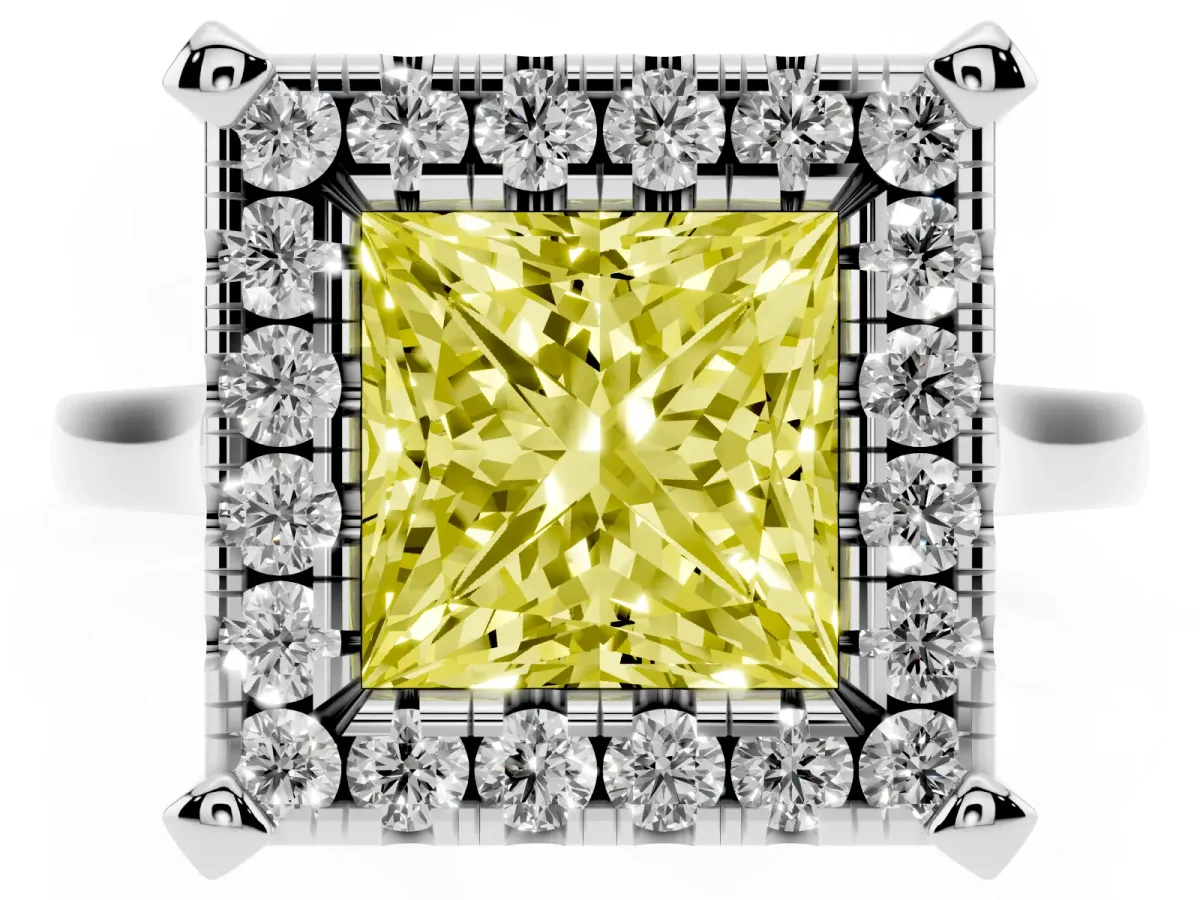 Fancy Yellow Princess Cut Diamond Cluster Halo Solitaire with Four-Prong Setting Silver