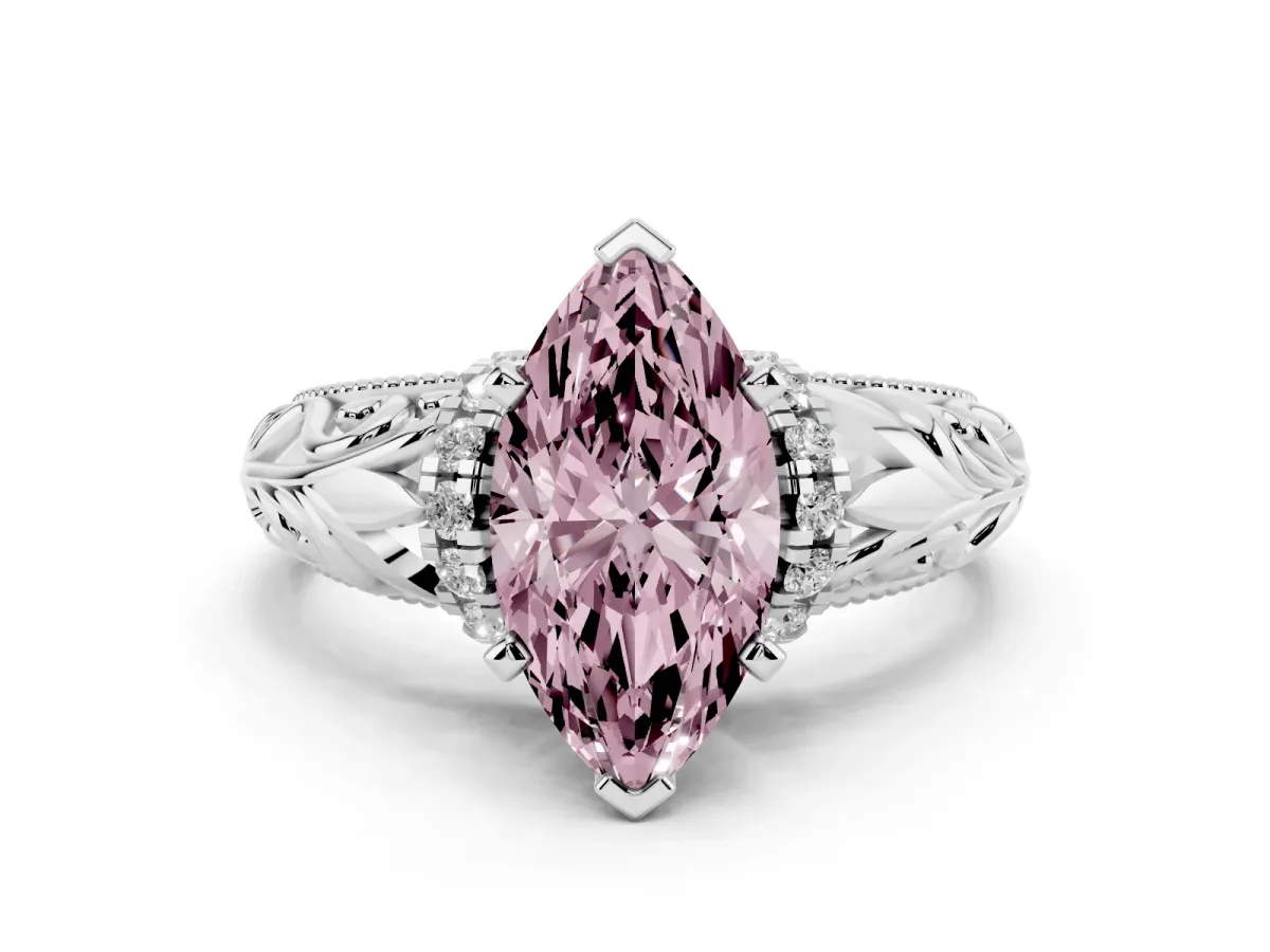 Fancy Pink Marquise Cut Solitaire Filigree Engagement Ring with Halo and Prong Setting Silver