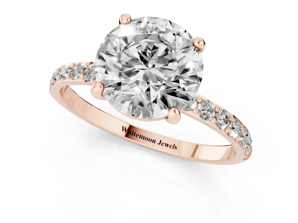 Round Cut Diamond Solitaire Ring with Round Pavé Band and Prong Setting Rose gold
