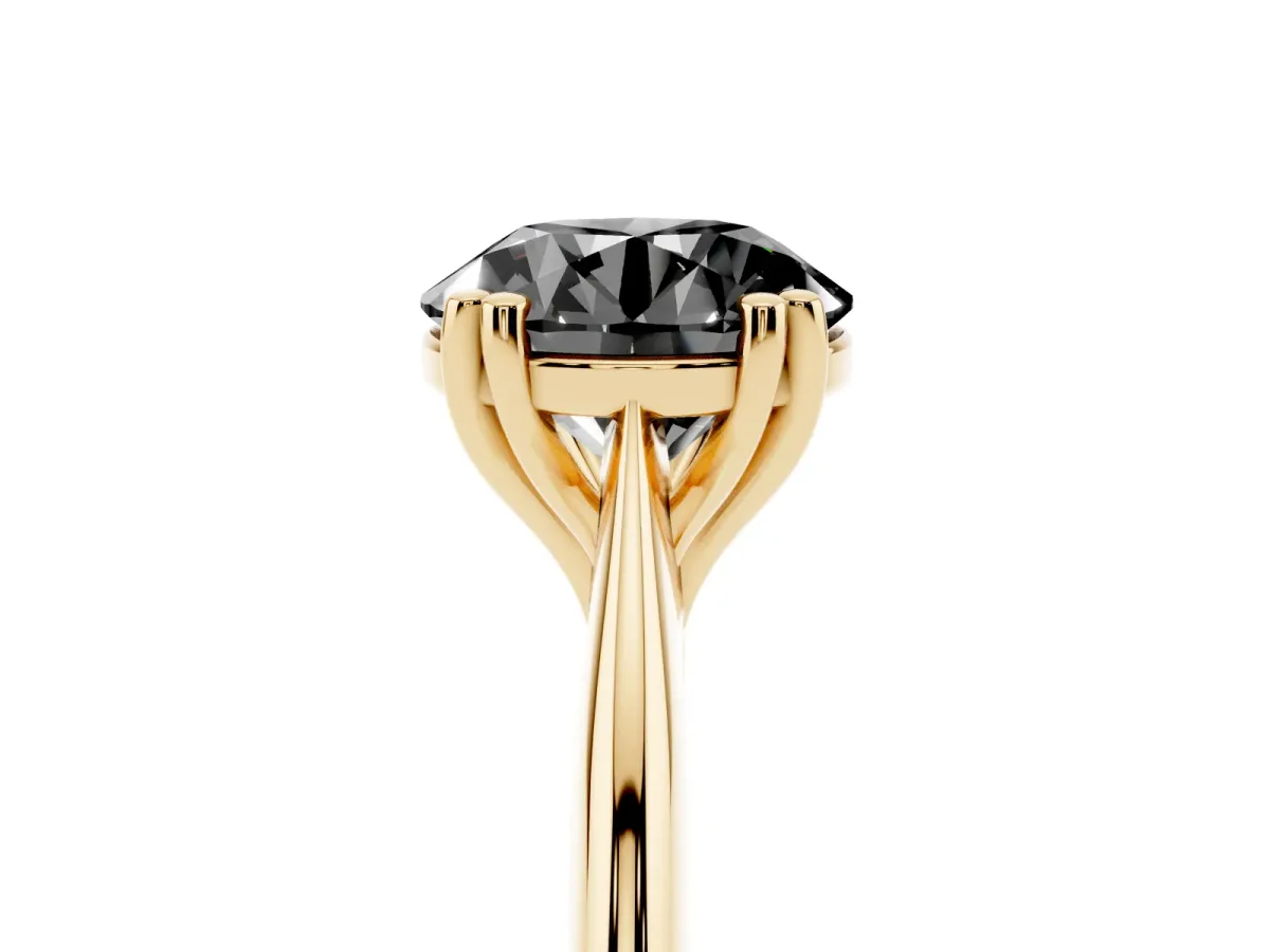 Fancy Black Round Cut Solitaire Diamond Ring with Six-Prong Setting and Classic Band Yellow gold