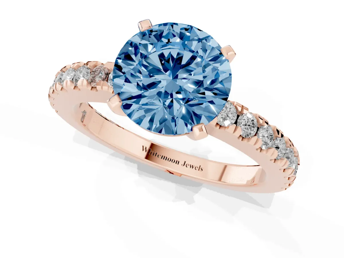 Fancy Blue Round Cut Solitaire Diamond with Pavé Band and Four-Prong Setting Rose gold