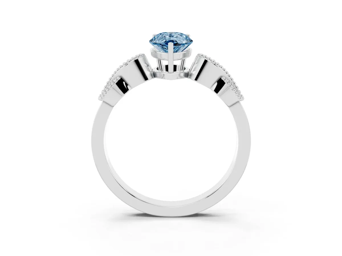 Fancy Blue Pear Cut Solitaire Milgrain Leaf Band with Prong Setting Silver