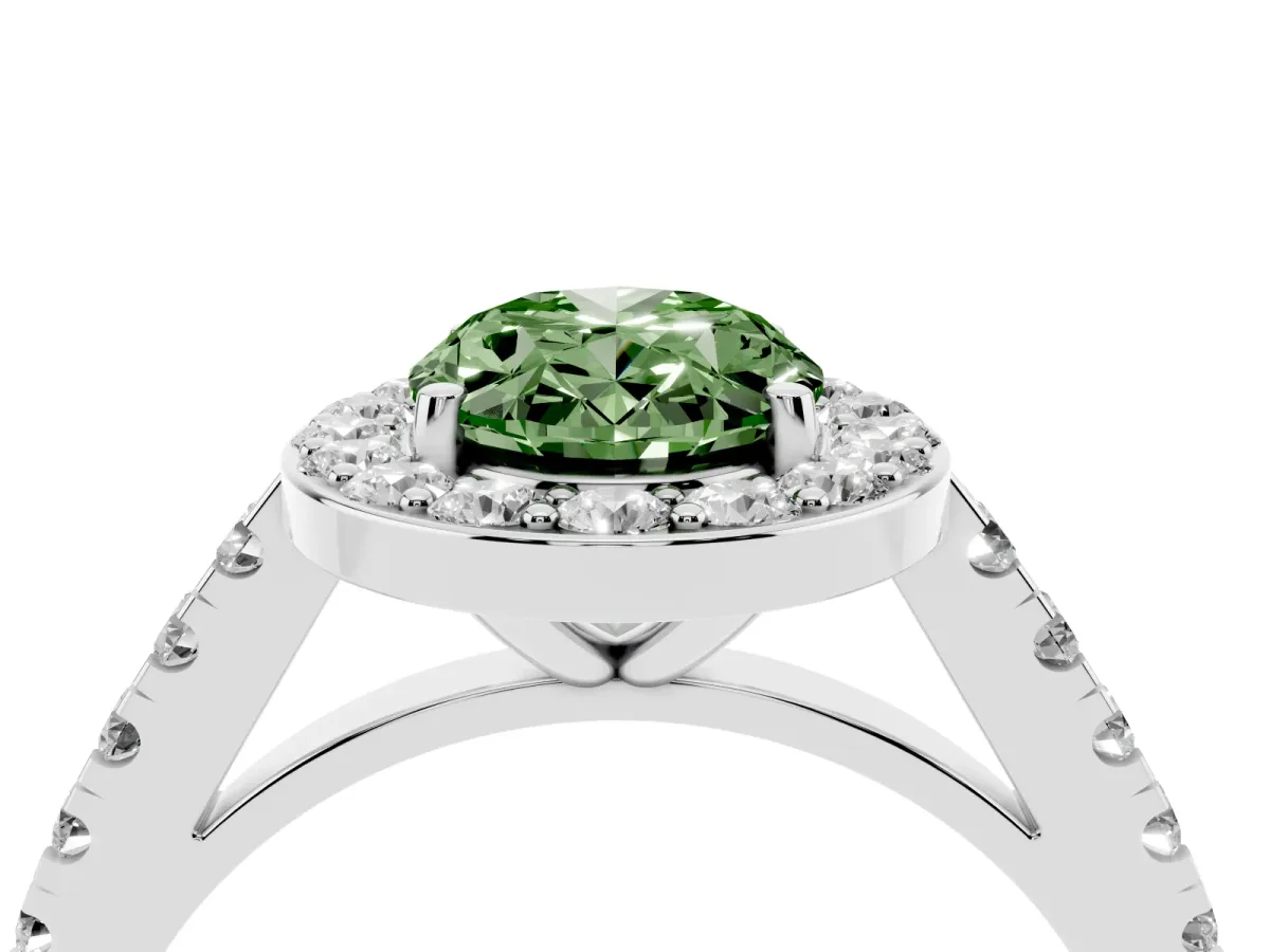 Fancy Green Oval Cut Diamond Halo Ring with Round Pavé Split Shank and Prong Setting Silver