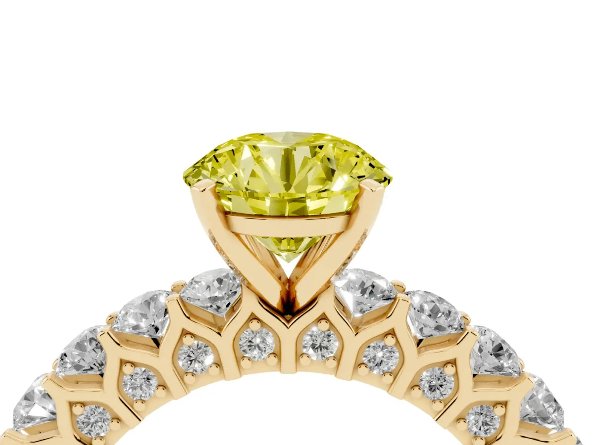 Fancy Yellow Round Cut Diamond Solitaire Ring with Shared Prong Pavé Band and Four-Prong Setting Yellow gold