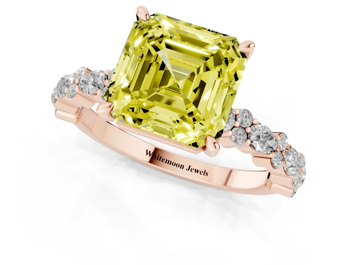 Fancy Yellow Asscher Cut Diamond Side Stone Solitaire Ring with Round and Four-Prong Setting Rose gold