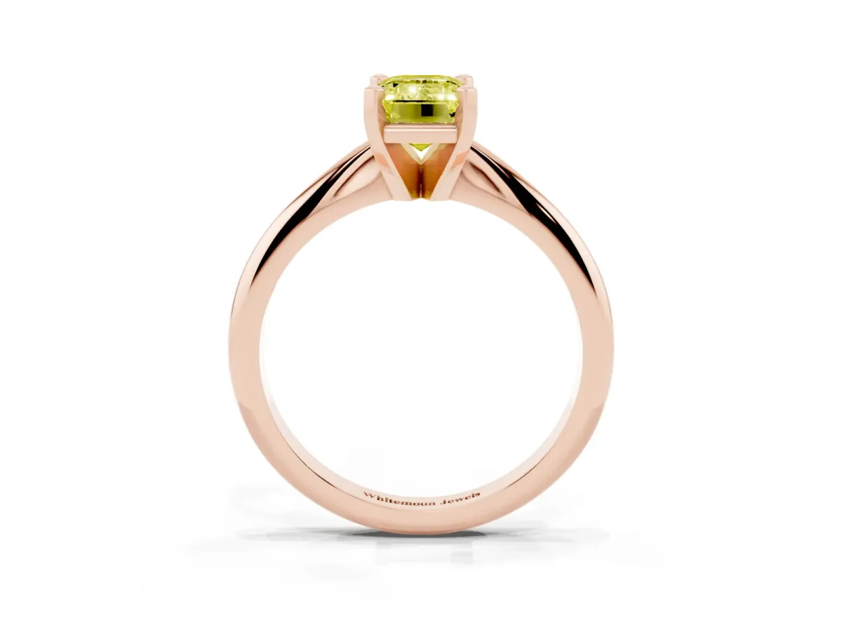 Fancy Yellow Emerald Cut Cut Solitaire Ring with Four-Prong Setting on a Classic Band Rose gold