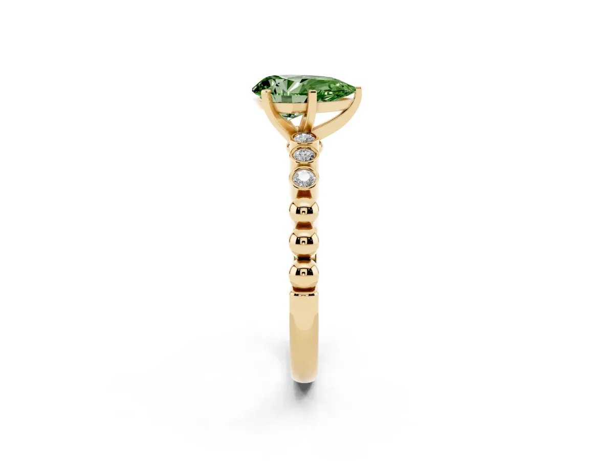 Fancy Green Pear Cut Solitaire Bezel Accent Diamond Engagement Ring with Beaded Band and Four-Prong Setting Yellow gold
