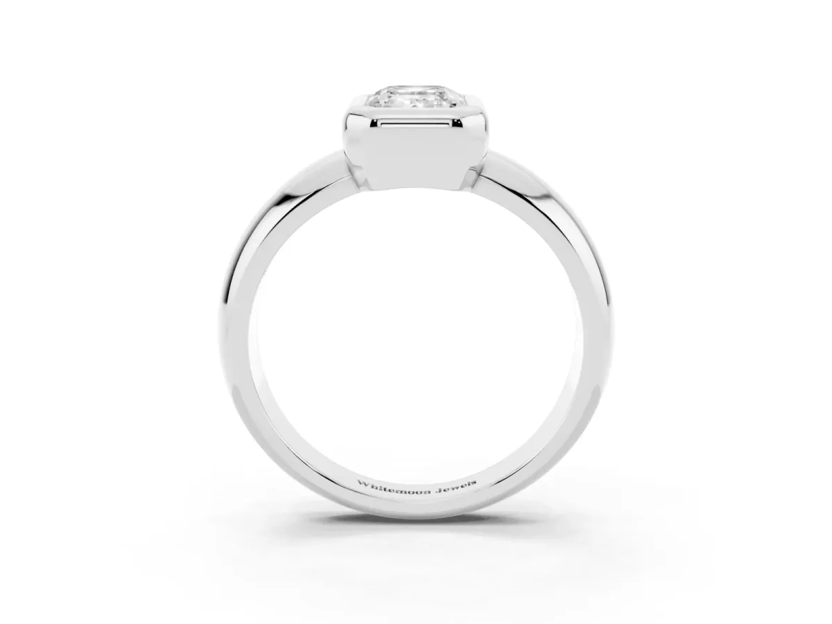 Bezel Set Emerald Cut Solitaire Ring with Wide Band Silver