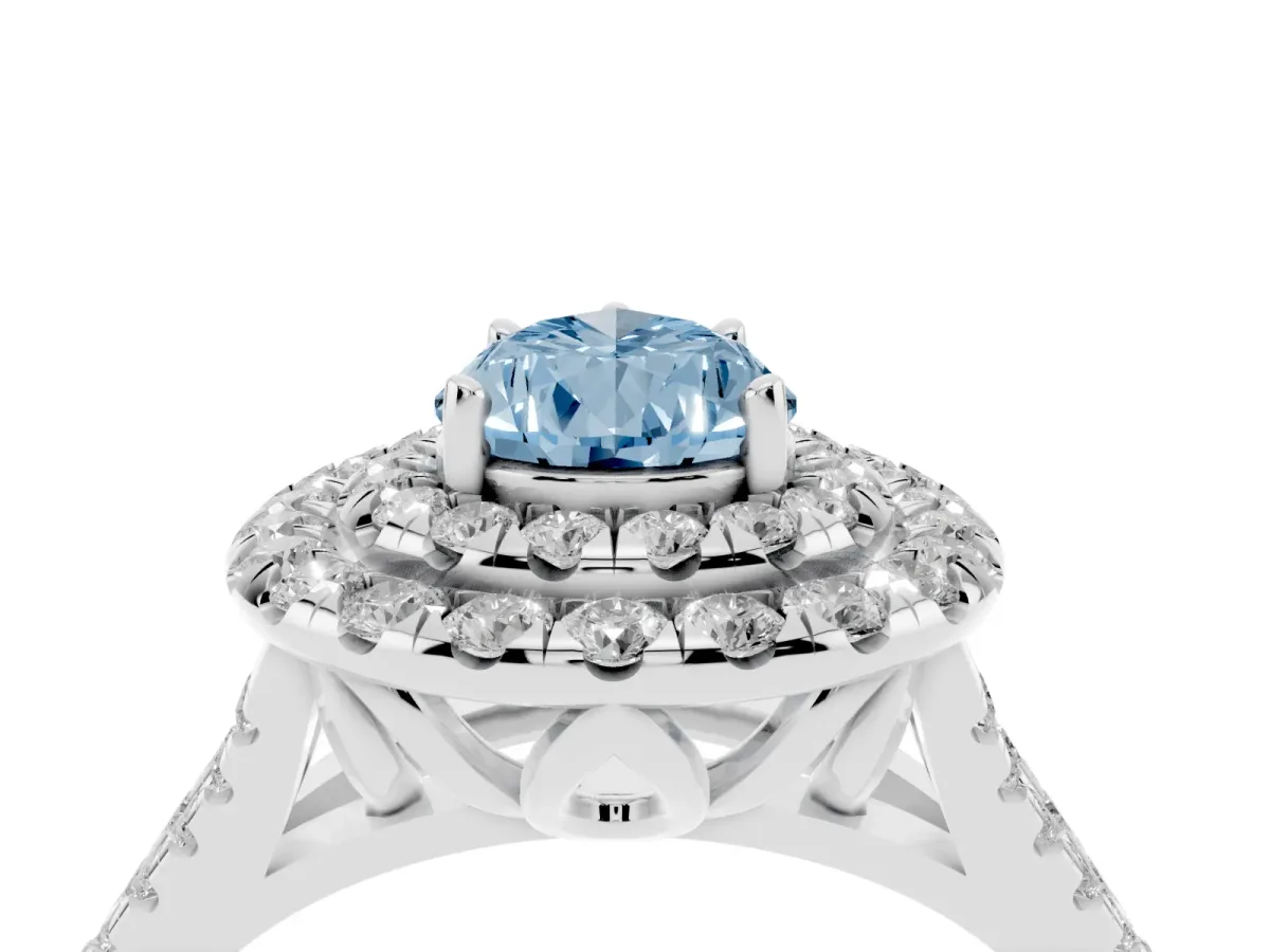 Fancy Blue Double Halo Pear Cut Diamond Pavé Split Shank Ring with Prong Setting White gold