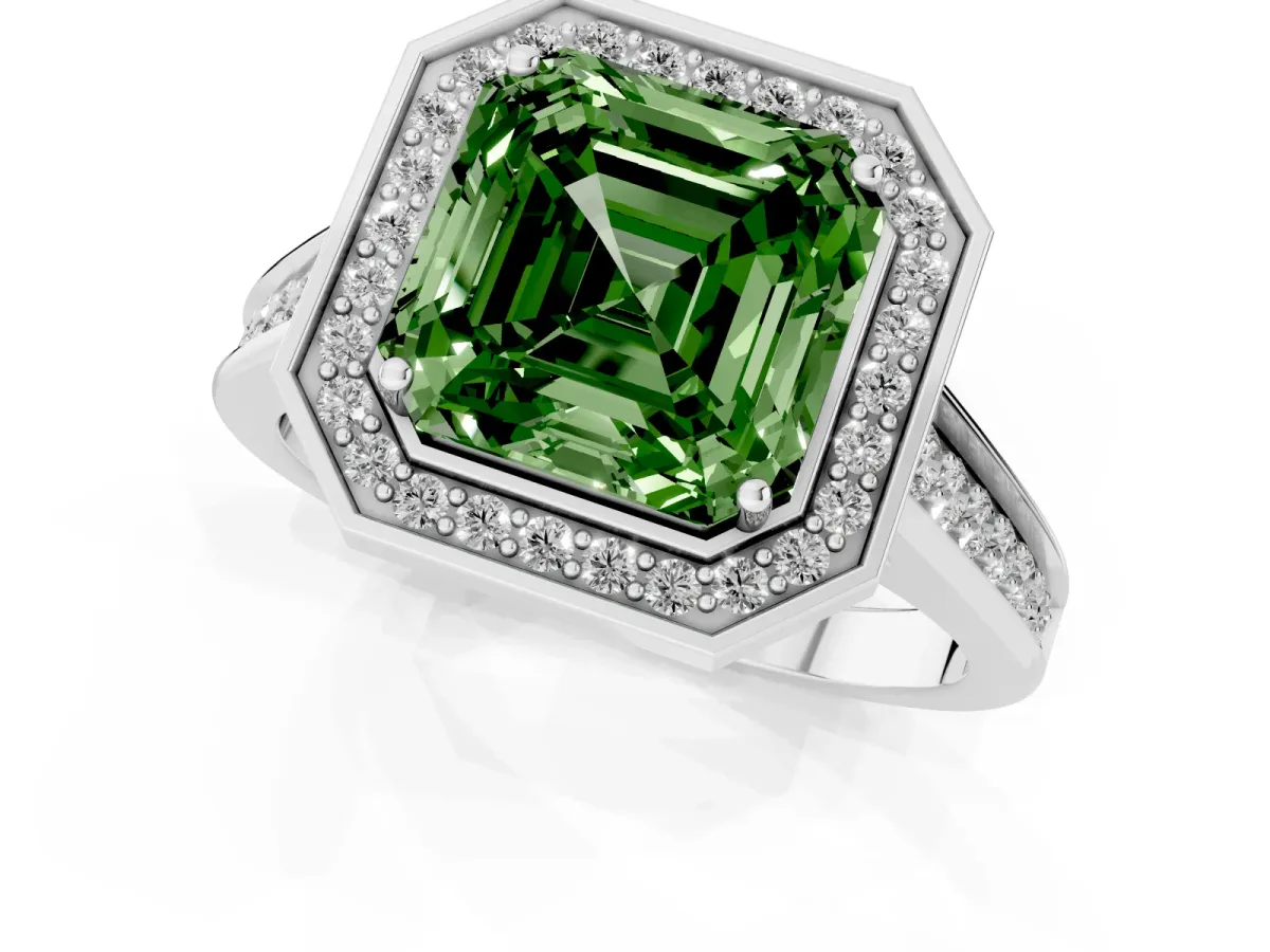 Fancy Green Asscher Cut Halo Solitaire Diamond Ring with Pave Band and Bezel Setting Platinum