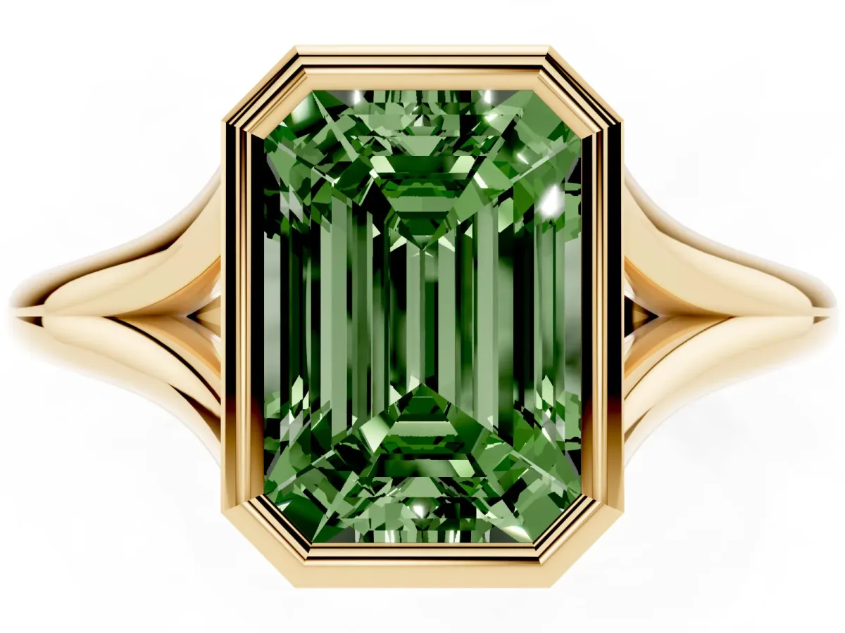 Fancy Green Bezel Set Emerald Cut Cut Solitaire Ring with Tapered Band Yellow gold