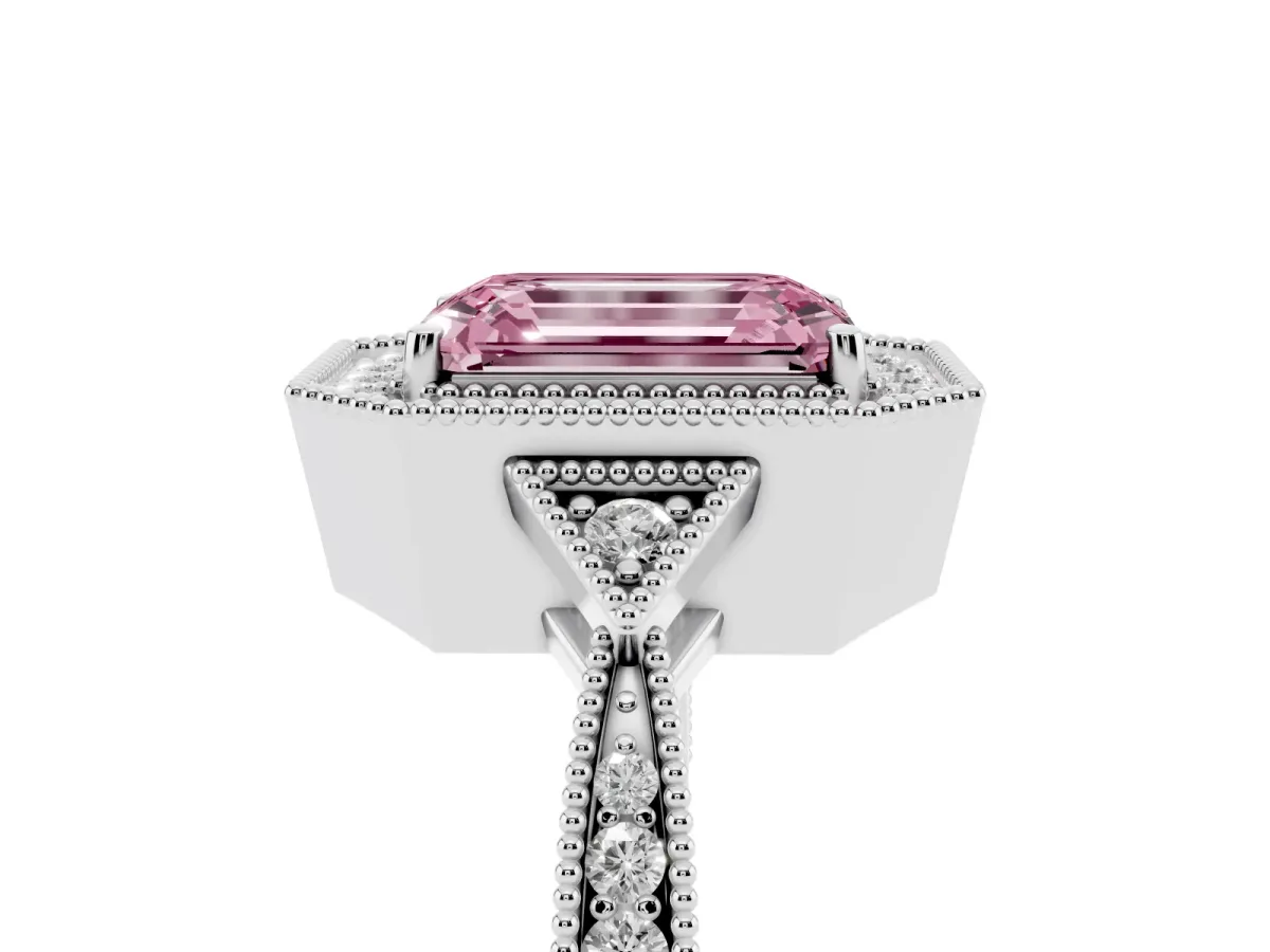 Fancy Pink Emerald Cut Halo Round Diamond Milgrain Pave Engagement Ring Silver