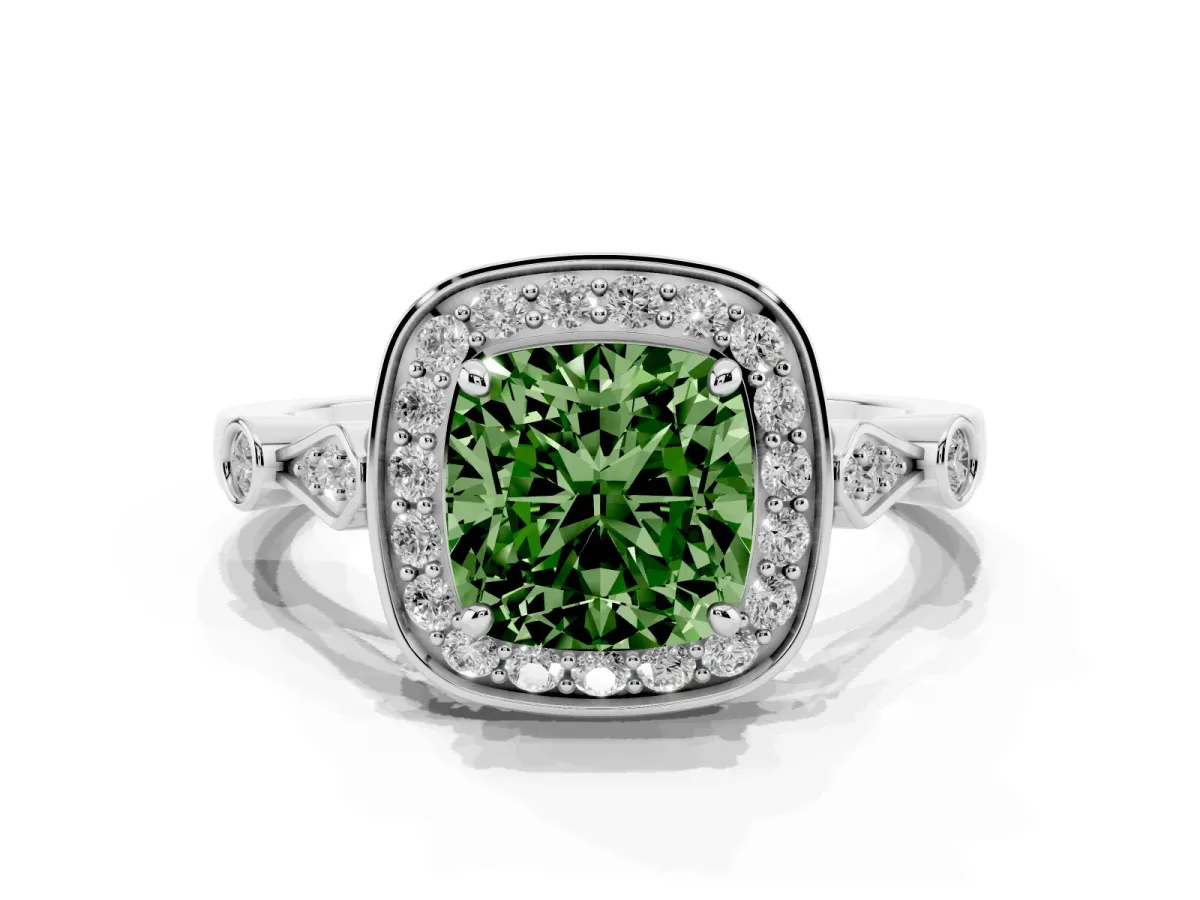 Fancy Green Cushion Cut Halo Diamond Engagement Ring with Twisted Band and Four-Prong Setting White gold