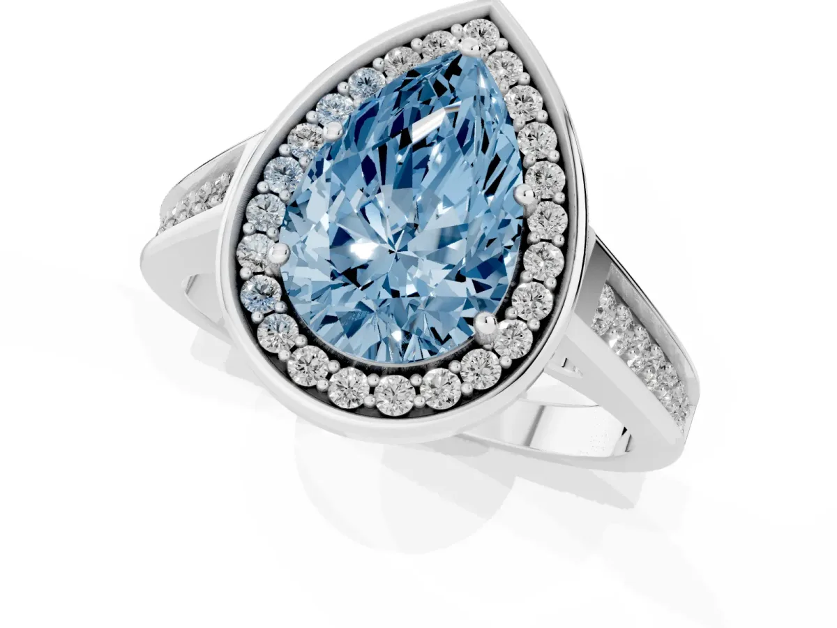 Fancy Blue Pear Cut Halo Solitaire Diamond Ring with Pave Band and Bezel Setting Silver