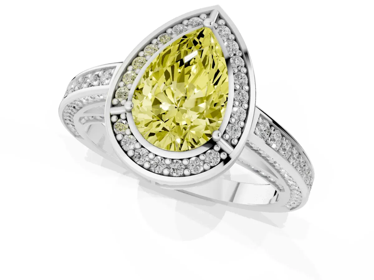 Fancy Yellow Pear Cut Cut Halo Pave Split Shank Prong Setting Ring Platinum