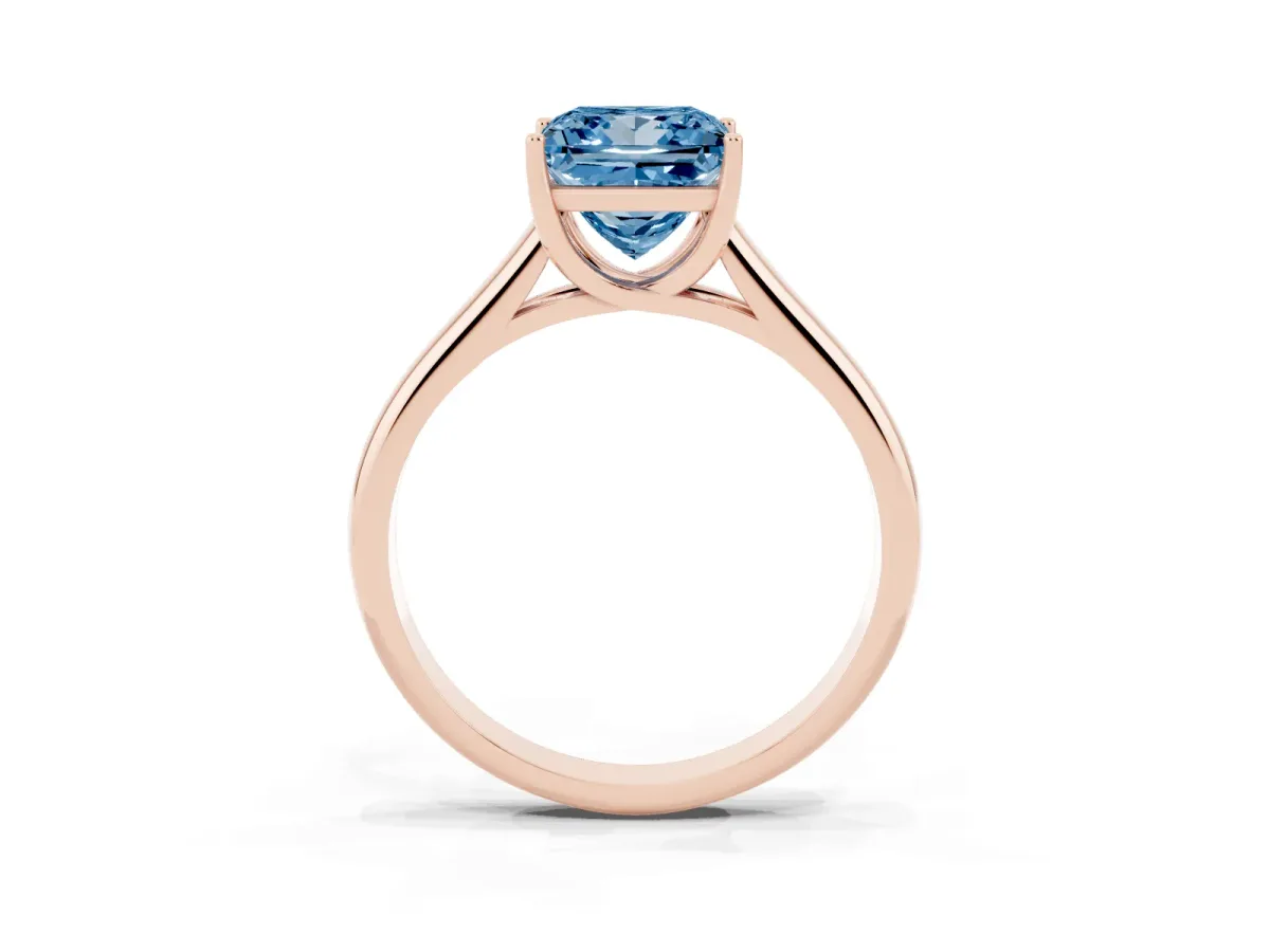 Fancy Blue Princess Cut Solitaire Engagement Ring with Tapered Band and Four-Prong Setting Rose gold