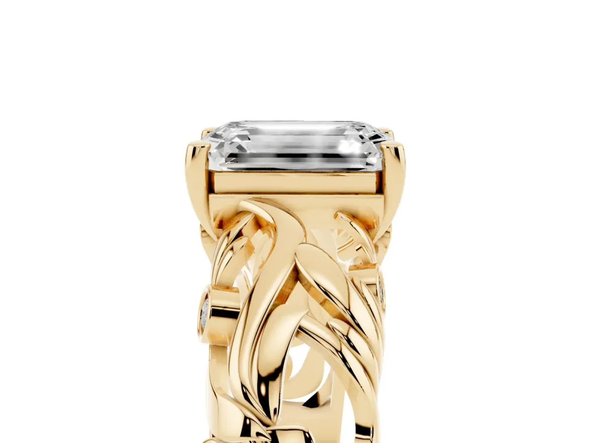 Emerald Cut Solitaire Diamond Leaf-Inspired Vine Band Ring with Prong Setting Yellow gold