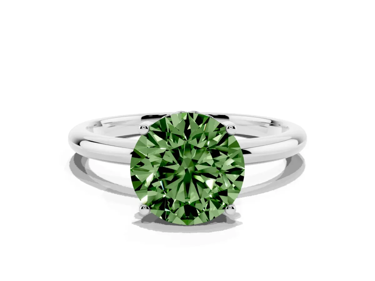 Fancy Green Round Cut Cut Solitaire Engagement Ring with Four-Prong Setting and Classic Band Silver