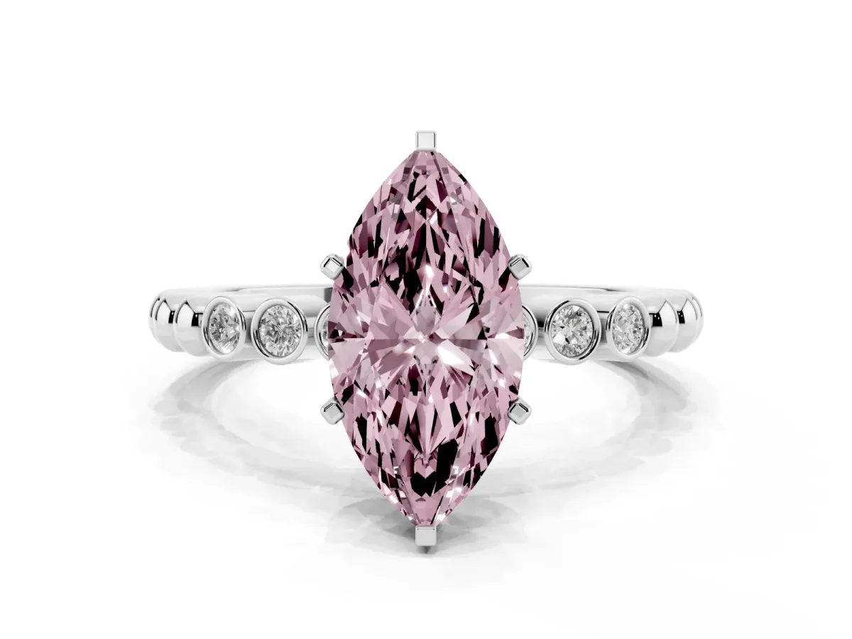 Fancy Pink Marquise Cut Solitaire Bezel Accent Diamond Engagement Ring with Beaded Band and Four-Prong Setting Platinum