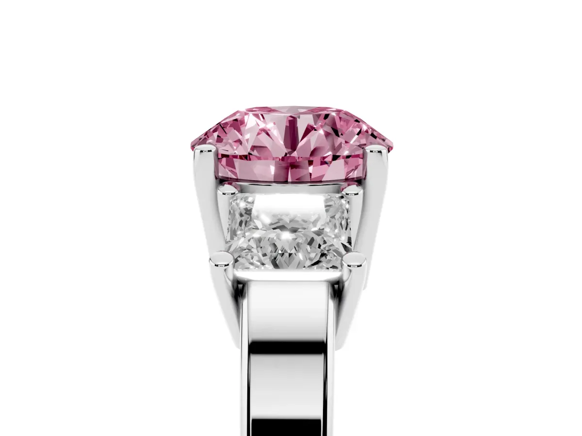 Fancy Pink Three-Stone Round Cut Cut Solitaire Ring with Prong Setting Platinum
