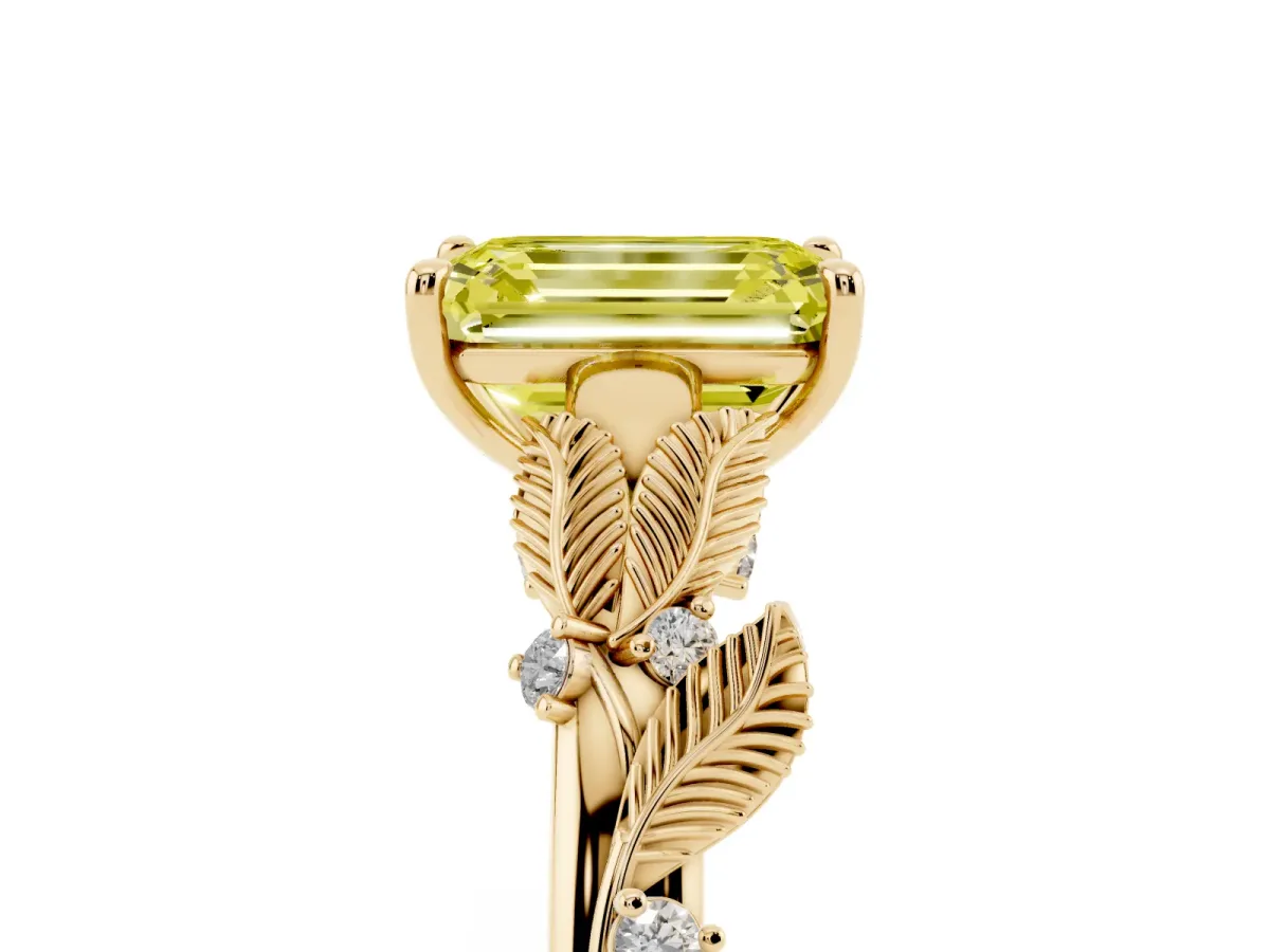 Fancy Yellow Emerald Cut Diamond Solitaire Ring with Leaf Motif Band and Four-Prong Setting Yellow gold