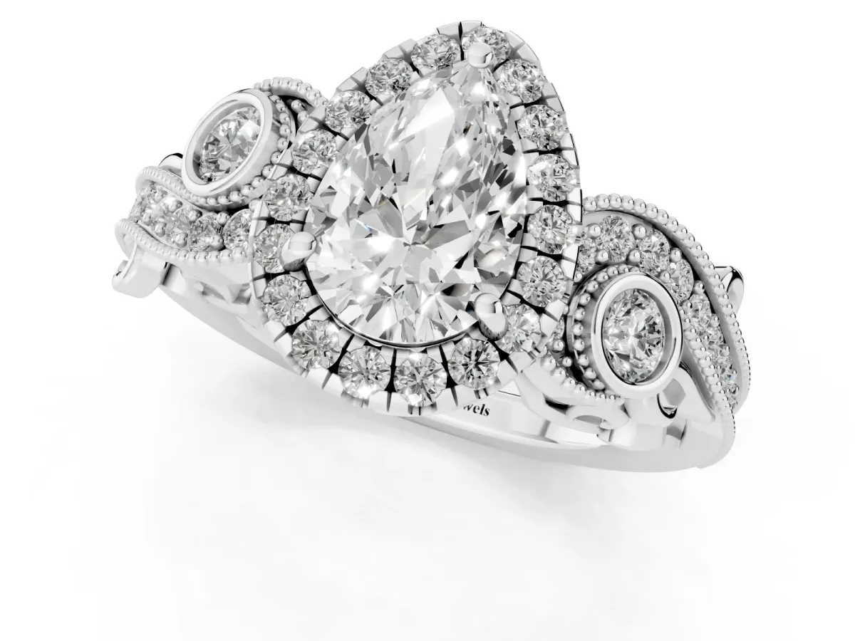 Pear Cut Halo Diamond Ring with Milgrain and Bezel Accents on a Split Shank Band Platinum