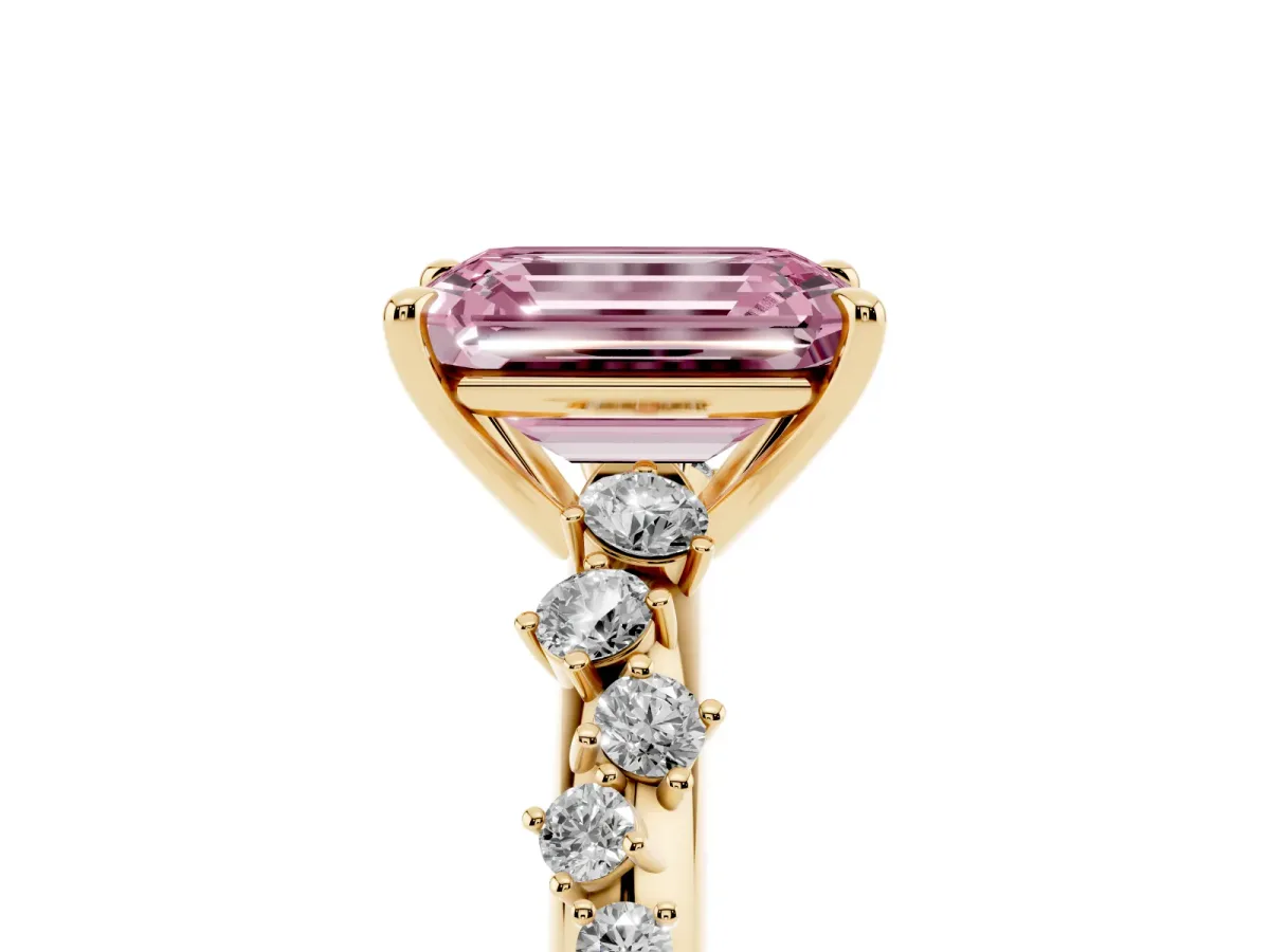 Fancy Pink Emerald Cut Diamond Cluster Side Stone Solitaire Ring with Prong Setting Yellow gold