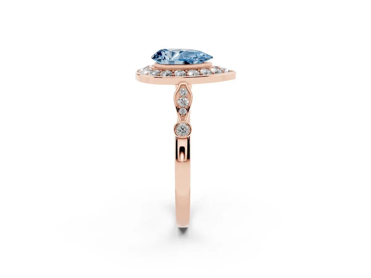 Fancy Blue Pear Cut Halo Diamond Engagement Ring with Twisted Band and Four-Prong Setting Rose gold