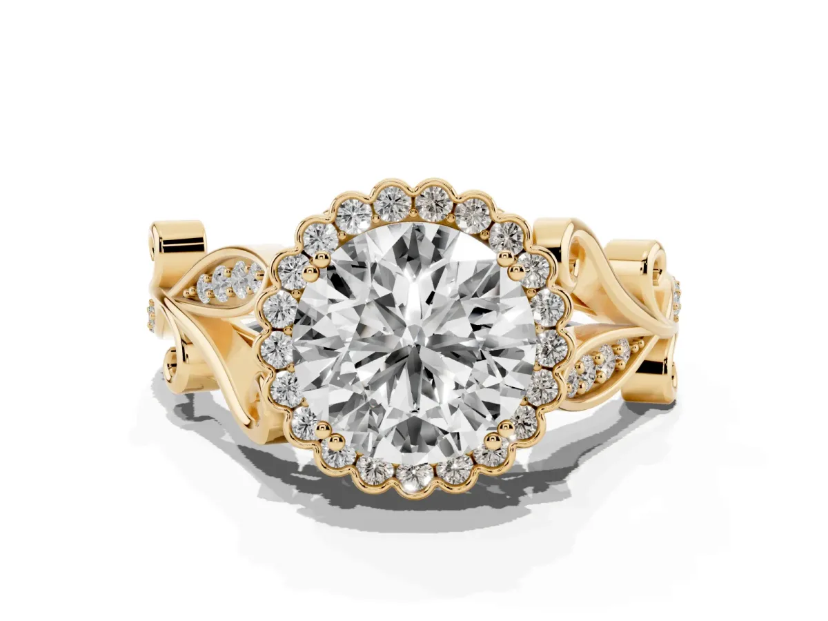Round Cut Diamond Halo Ring with Vintage Split Shank and Four-Prong Setting Yellow gold