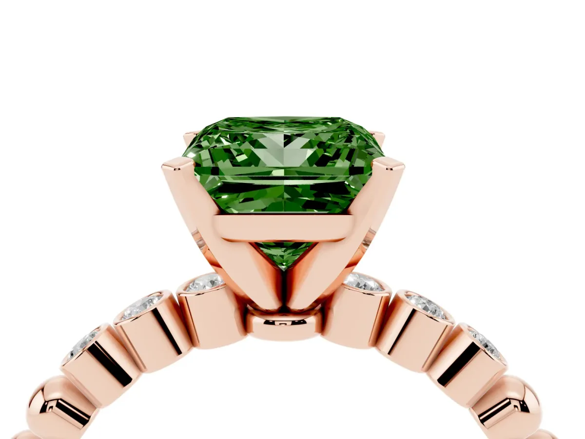 Fancy Green Princess Cut Solitaire Bezel Accent Diamond Engagement Ring with Beaded Band and Four-Prong Setting Rose gold