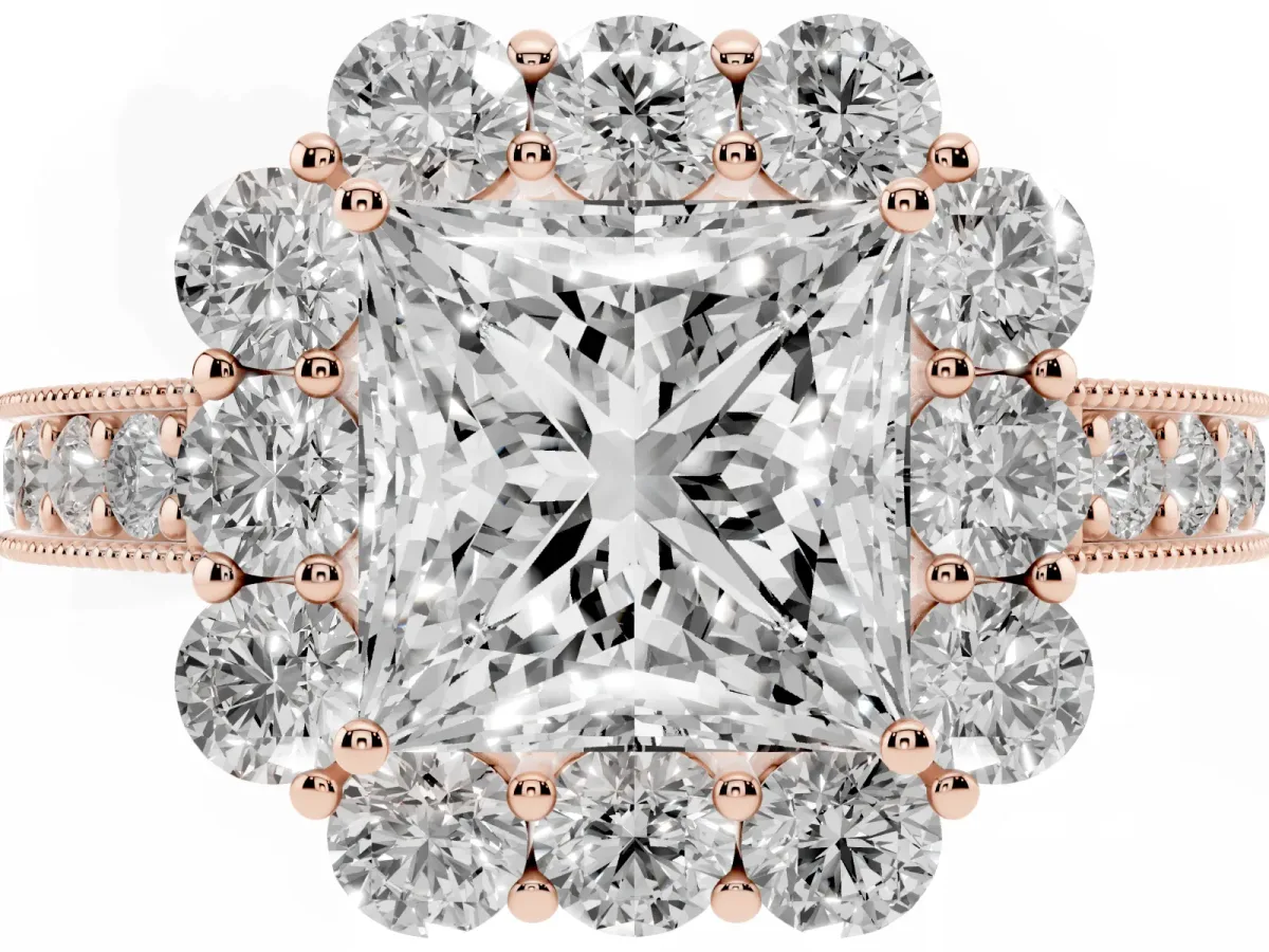 Princess Cut Cut Halo Diamond Pavé Engagement Ring with Milgrain Detailing Rose gold